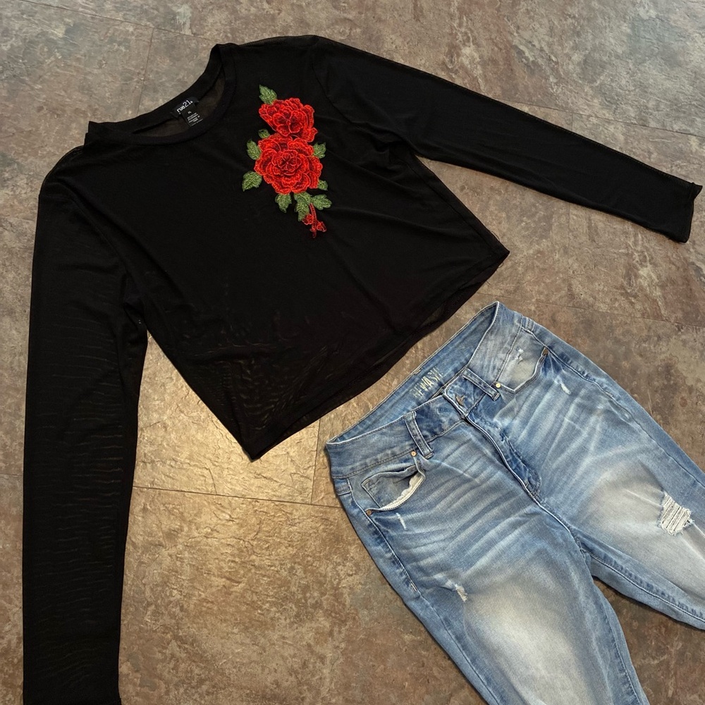 Rue21 Black Sheer Crop with Embroidery Long Sleeves